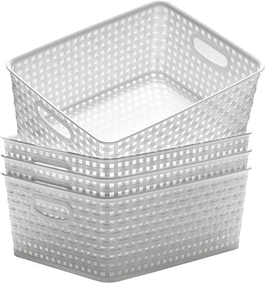 Plastic Storage Baskets for Organizing,11"X8.5"X4.7",Pack of 4 (White)