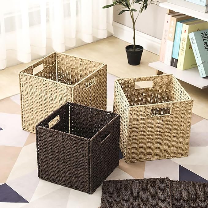 10.5x10.5in Storage Basket, 1 Pack Black Paper Rope Woven Baskets,Foldable Handwoven Storage Cubes,Wicker Cube Baskets Laundry Organizer Totes for Bathroom, Bedroom, Laundry, Pantry, Shelves