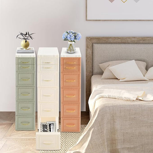 5-Tier Plastic Drawers Storage Dresser, 33"H Narrow Slim Storage Organizer Vertical Drawer Unit, Rolling Thin Storage Tower with Wheels for Small Spaces Gaps Home Furniture (Orange)