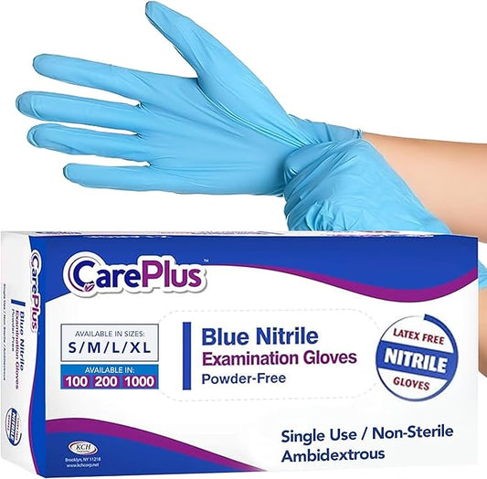 CARE PLUS Nitrile Gloves for Medical Use - Powder & Latex-Free - Black/Blue - S, M, L, XL - 100, 200, 1000
