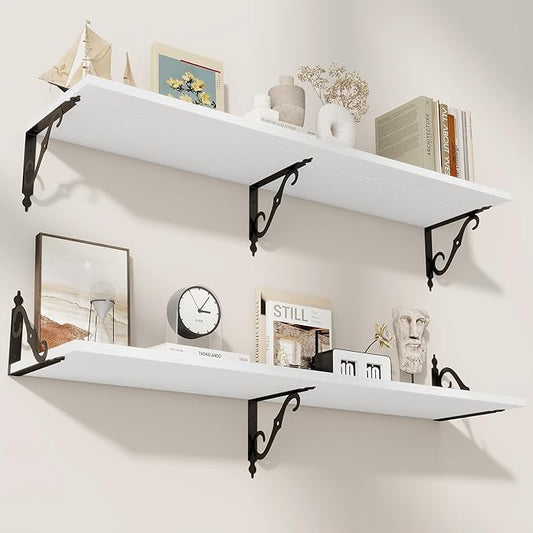 RICHFOCUS 12 Inch Deep Floating Shelves for Wall, 48" W x 12" D Wood Wall Shelves Set of 2, Wide Floating Shelves for Living Room, Bedroom, Kitchen, Bathroom and Decor Storage, White