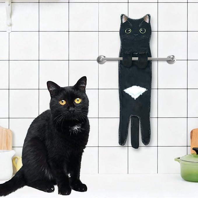 PAT JUUMG Black Cat Hand Towels for Bathroom Kitchen, Cute Home Decorative Decor Hanging Face Towels, Super Absorbent Soft, Cat Lovers Gifts for Housewarming Christmas Mothers Day Birthday