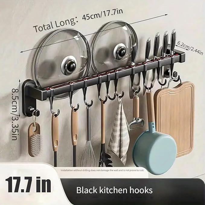 AmoiChic Adhesive Wall Mounted Pot Pan Rack, Kitchen Wall Mounted Detachable Pan Lid Utensils Organizer Hanging Rail with 8 Hooks for Kitchen Bathroom Bedroom,17.7''