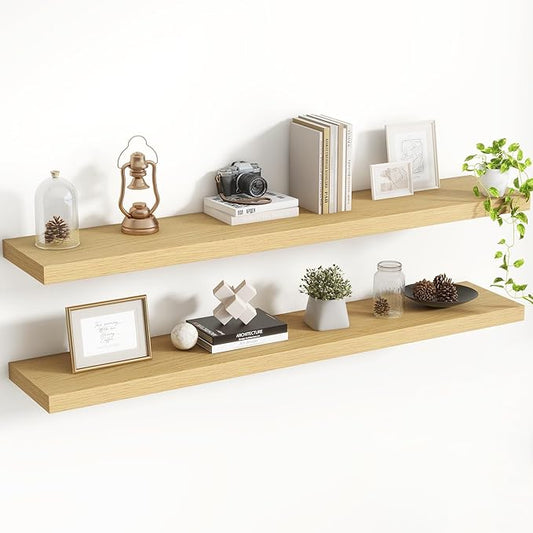 48 Inch Floating Shelves, 8 Inch Deep Floating Shelves for Wall, Hanging Shelf with Invisible Brackets, Deep Shelves for Bathroom, Bedroom, Living Room, Oak, Set of 2