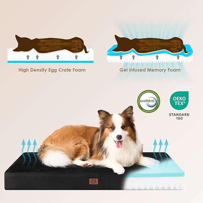 EHEYCIGA Memory Foam Dog Bed Orthopedic 35"x23"，Waterproof Pet Bed for Larged Size Dogs ，Washable Pet Mat with Removable Cover, Black