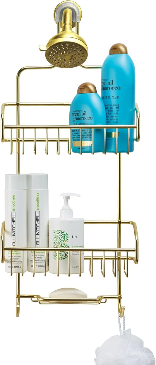 Better Houseware Over the Shower Head Caddy, Rustproof Shower Head Organizer with Hooks & Shelves, Hanging Shower Caddy for Shampoo, Conditioner & Soap, Aluminum Bathroom Rack, Gold