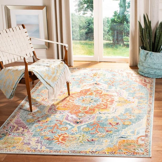 SAFAVIEH Crystal Collection Accent Rug - 4' x 6', Orange & Teal, Medallion Distressed Design, Non-Shedding & Easy Care, Ideal for High Traffic Areas in Entryway, Living Room, Bedroom (CRS501K)