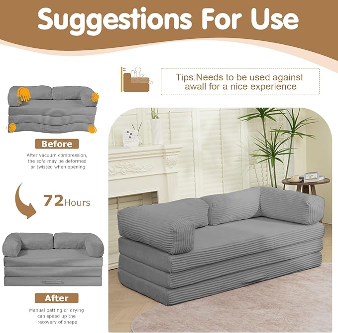 Convertible Sofa Bed King,5-in-1 Folding Boneless Couch Corduroy Futon Sofa Bed,Tri-Fold Mattress with Removable Armrests & Handle,Sleeper with Pull Out Bed for Small Space Living Room Bedroom