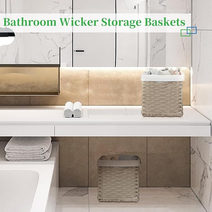 Bidtakay Wicker Baskets for Shelves Waterproof Imitation Wicker Cube Storage Bins with Liners for Organizing Closet Cabinet 2-Pack 11x11 inch Storage Cube Organizer for Pantry-Greyish Beige