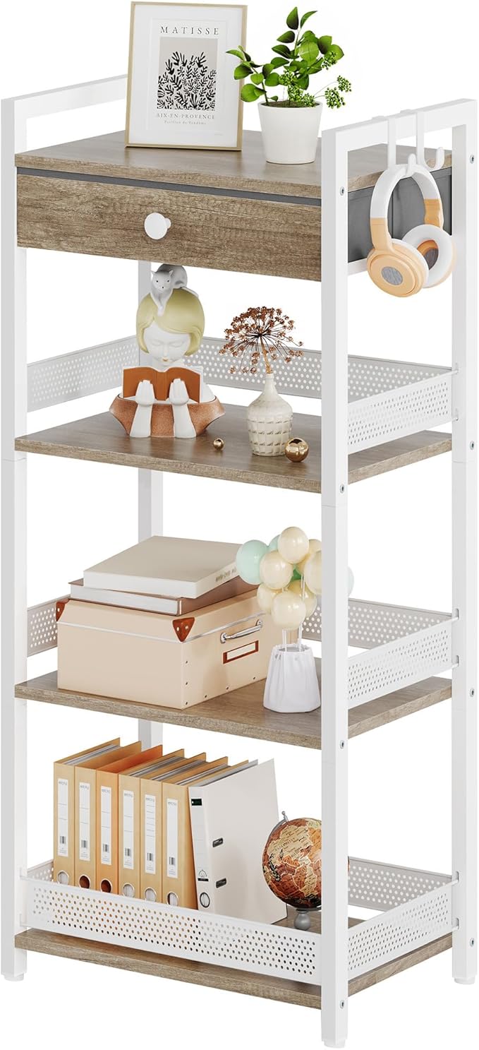 FAVOOSTY 4 Tier Ladder Shelf Stand, Bookshelf with Drawer Storage, Decorative Display Shelves Wood & Metal, Plant Shelf, Standing Shelf Unit for Living Room Bedroom Office Kitchen, White