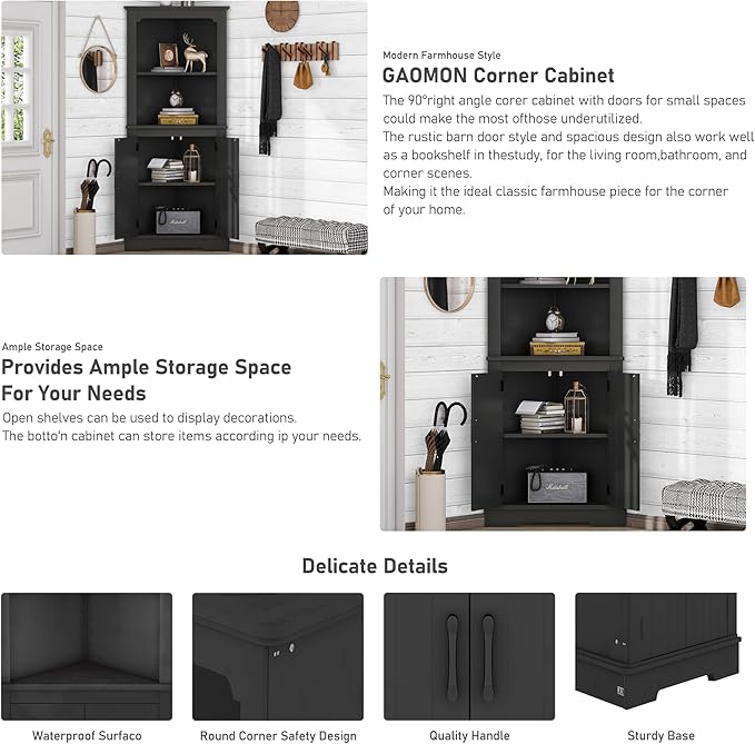 KEIKI 69.3" Corner Storage Cabinet with Round Edges, 2 Open Shelves and Door for Maximum Storage in Small Spaces, Stylish - Black