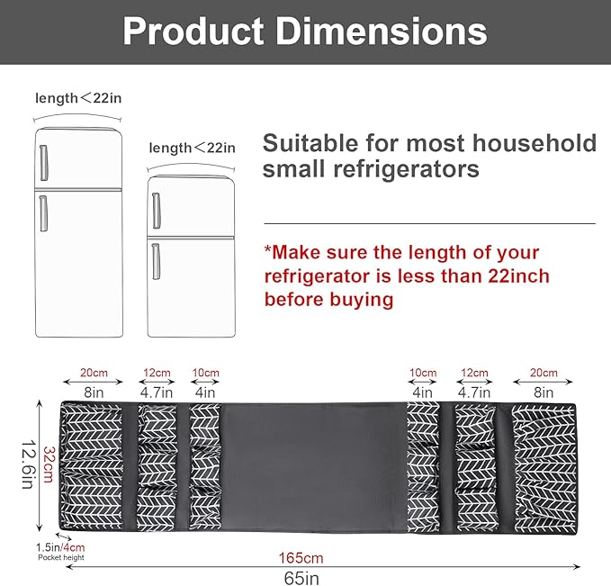 Mini Fridge Organizer 65" x 12.6", Mini Fridge Caddy with 15 Large Pockets, Over the Refrigerator Caddy Storage for Dorm, Pantry, Office, Plate, Silverware, Spice, Cutlery, Bottles, Napkins (Grey)