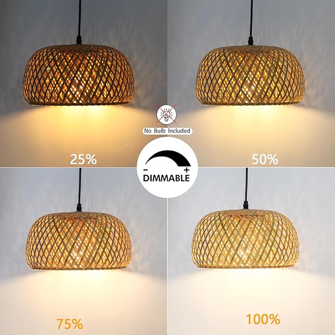 HuisMier Dimmable Plug in Pendant Light Rattan Hanging Lights with 15 Ft Plug in Cord, Handmade Bamboo Lampshade Boho Hanging Light Fixture for Kitchen Island Dining Room Bedroom
