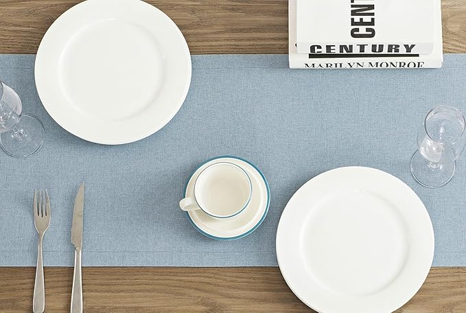 ZeeMart Basic Linen Style Table Runner, 14 x 90 Inch Blue Chambray, Rustic Farmhouse Light Dusty Blue Table Runners 90 Inches Long, Everyday Polyester Table Runner - Machine Washable & Easy Care