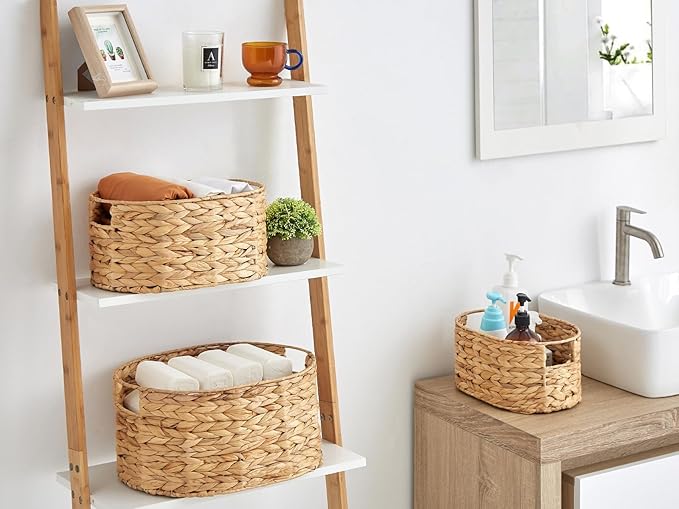 Vagusicc Wicker Basket, 3-Pack Hand-Woven Water Hyacinth Wicker Storage Basket with Handles, Large Woven Storage Baskets for Shelves, Round Storage Baskets for Organizing & Decor