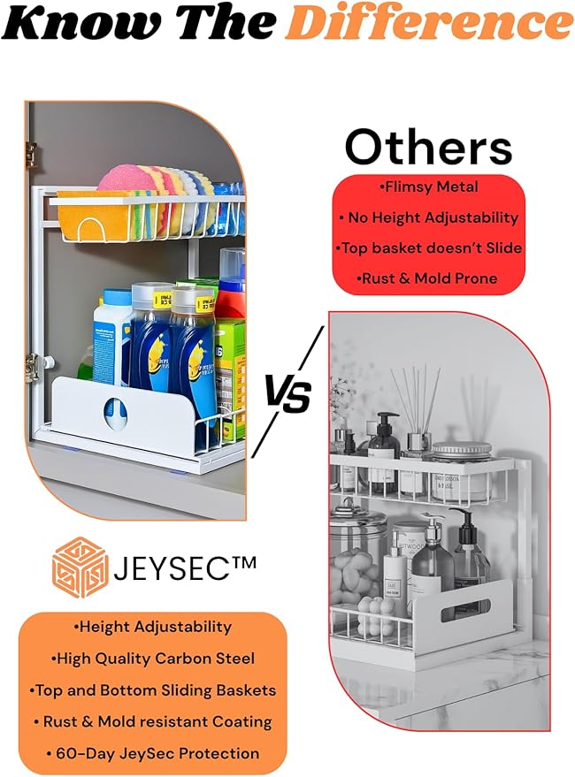 Under Sink Organizer, 2 Tier Pull Out Cabinet Organizer, Adjustable Height, Slide Out Storage Shelf, Sliding Drawers, Under Sink Storage for Kitchen Bathroom Laundry Room Cabinet, White, 2 Pack