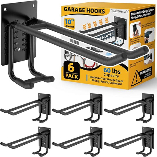 6 Pack Garage Hooks 10 INCH Heavy Duty Double-Layer Steel Shed Wall Mount Workshop Garage Storage Tool Organizer Hooks for Hanging Garden Tool, Hose, Ladder, Chairs, Bikes with Anti-Slip Coating