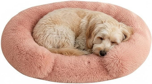 Fluffy Dog Bed Calming Donut Beds for Large Dogs Warming Round Small Medium Pet Nest Cozy Cat Mattress Indoor Washable Puppy Kennel Kittens Sleep Mat (M, 27.5×27.5 inch, Fresh Pink)