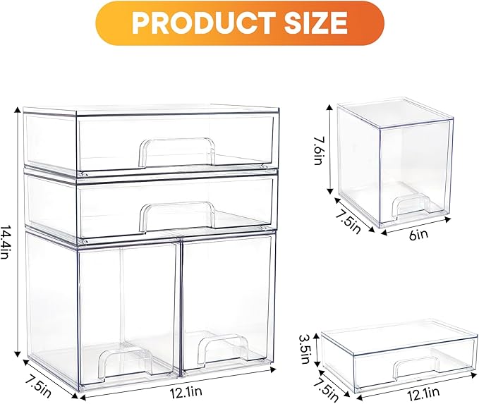 Baby Bottle Organizer, 4 Pack Clear Space-Saving Stackable Drawer with Handle, Baby Bottle Storage Organizer for Countertop and Cabinet