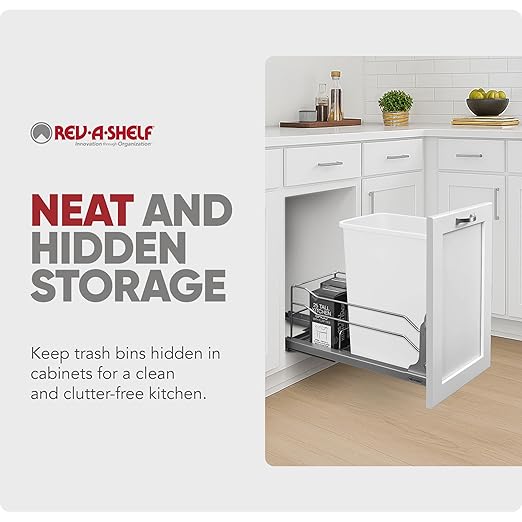 Rev-A-Shelf Pullout Trash Can for Base Kitchen Cabinets 35 Quart 8.75 Gallon with Soft-Close Slides and Rear Storage, White, 53WC-1535SCDM-111