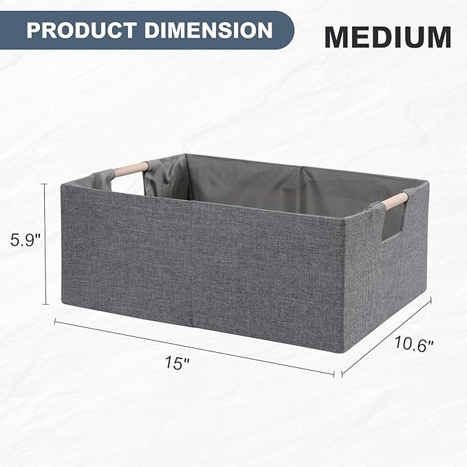 ANMINY 6PCS Storage Baskets for Organizing Collapsible Fabric Storage Bins Boxes with Wood Handles Closet Shelves Cube Organizer Bins Clothes Laundry Storage Container - Medium, Gray