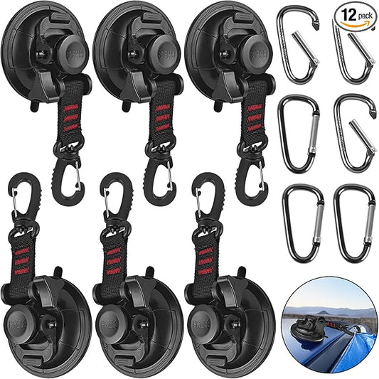 Hlogree 6PCS Heavy Duty Suction Cups Anchor with Hooks,Vacuum Suction Cup Camping Tie Downs with 6PCS Aluminum Buckle,Outdoor Strong Suction Cup Wall Anchor for Camping Tarp Accessory,Car Side Awning