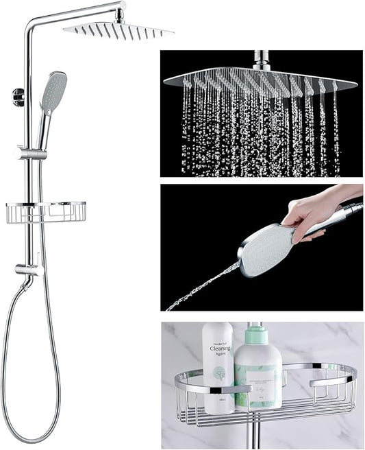 Rain Shower System with Shelf, 12 Inch Rain Shower Head Set with Hand Shower Head, SonTiy Dual Shower Combo with Height Adjustable Holder, Brass Valve, Chrome