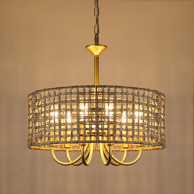 Boho Hand Woven Rattan Chandelier 6 Lights Farmhouse Golden Chandelier, 17.7'' Coastal Drum Wicker Chandeliers for Dining Room Kitchen Living Room Entryway Bedroom