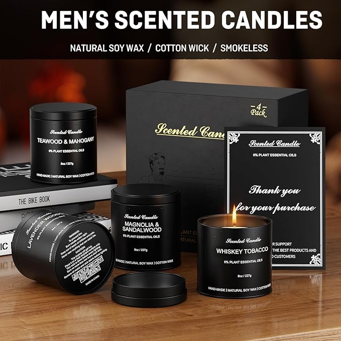 Scented Candles for Men - 4 Pack Luxury Masculine Soy Wax Candles Gift Set, 8oz Long Lasting Aromatherapy Candle with Essential Oils, Teakwood & Mahogany, Whiskey Tobacco, Lavender Woods