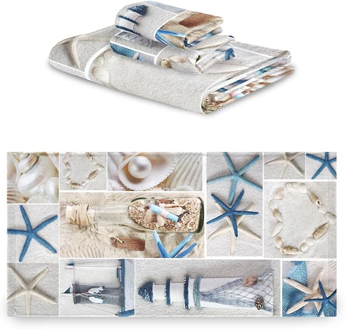Nautical Beach Themed Bath Towels Set,Absorbent Soft 3 Piece Coastal Blue White Starfish Lighthouse Towels for Bathroom,1 Bath Towel 1 Hand Towel 1 Washcloth,Decoractive Guest Bathroom Towels