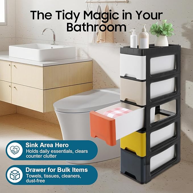 Narrow Plastic Drawers Cabinet, Multi-functional Plastic Tower Organizer with Wheels for Small Space Bathroom Bedroom Kitchen Offices Dormitory, 7 * 15 * 33in (Colorful A)