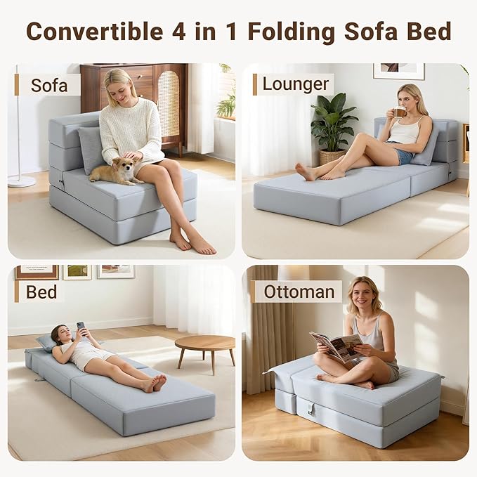 BeBen Folding Sofa Bed, Boneless Foldable Chair Bed, Convertible Futon Sleeper Chair Couch, Single Lazy Floor Lounger Sofa Couch for Small Spaces, Dorm, Guest Room, Living Room, Apartment, Grey