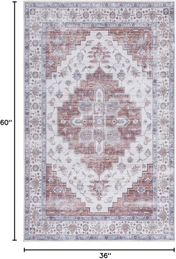 SAFAVIEH Washable Rug Tucson Collection - 3' x 5', Ivory & Rust, Slip Resistant & Easy to Clean, Ideal for Foyer, Entryway, Kitchen, Bedroom (TSN109A)