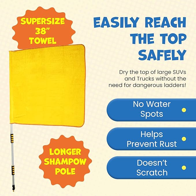 ShamPow XL 38"x 34" Car Drying Towel with Pole, Streak Free, Lint Free, Reusable - Car Accessories, Bath Towels, Microfiber Cleaning Cloth for Car, Truck, SUV - One Pass is All You Need