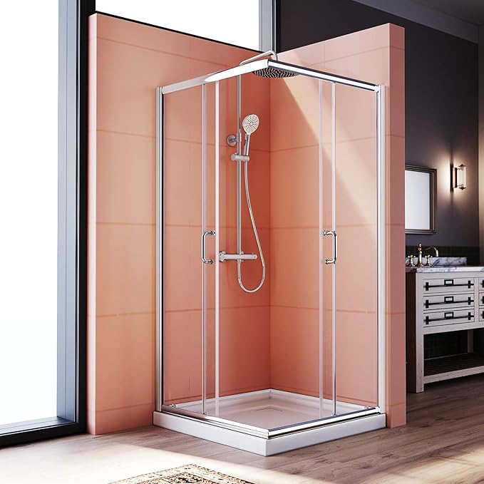 ELEGANT Corner Shower Enclosure 34'' D. x 34'' W. x 72'' H., Double Sliding Shower Door with 2 Stationary Panels,Shower Enclosure with 1/4'' Clear Glass, Chrome Finish (Shower Base Not Included)