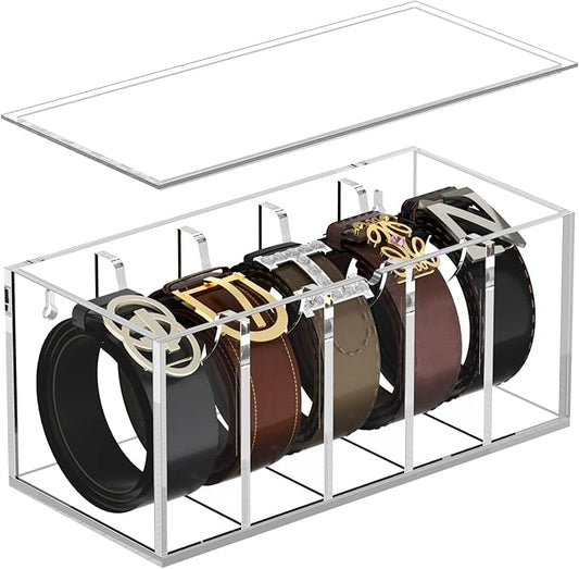 FEMELI Belt Organizer, Acrylic Belt Storage for Closet with Dust Cover, 5 Compartments Belt Container Display Holder for Drawer, Clear Belt Tie Case for Women Men Home