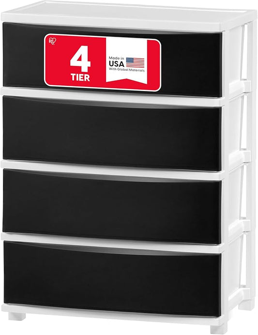 IRIS USA Plastic Drawer Storage Organizer, 4-Drawers, for Classroom Art Supplies Bathroom Dorm Bedroom Laundry Room, Wide, White Frame with Matte Black Front Panels