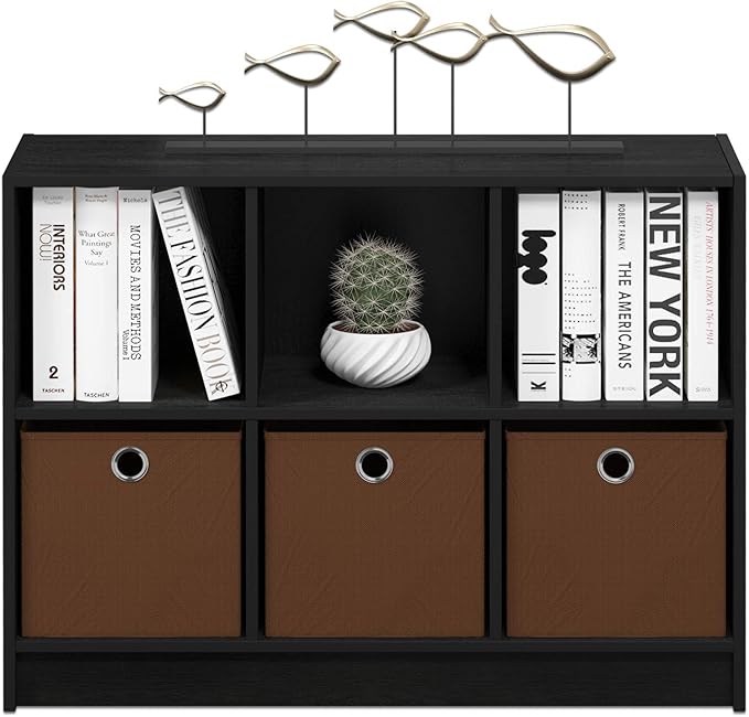 Furinno BASIC Book Shelf, 6-Cube Bookshelf with Open Shelf, 3 x 2 Bookcase with Storage Bins, Closed Back, Horizontal, 11.9" x 31.6" x 23.6", for Living Room, Bedroom, Home Office, Americano