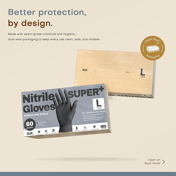 SUPER+ Black Nitrile Gloves HEAVY DUTY 6 Mil Disposable Chemical Resistant Powder & Latex Free Medical Cooking Cleaning 600Ct