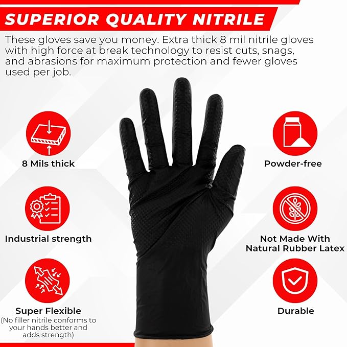 HD 8 MIL Nitrile Disposable Gloves, Latex & Powder Free, Industrial, Raised Diamond Texture, Case/1000
