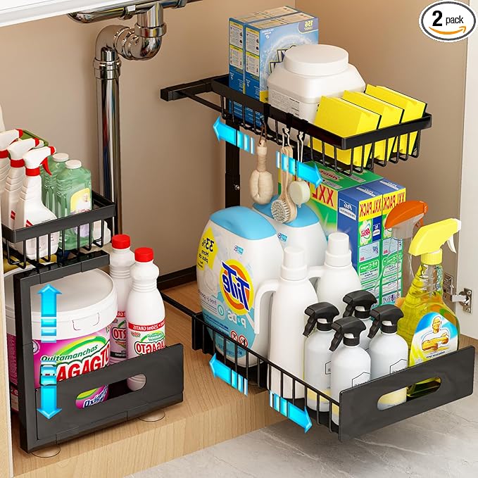 ADBIU Under Sink Organizer(10 Seconds Installation), 2 Packs 2 Tier Expandable Height (11" - 16") Bathroom Kitchen Organizers And Storage