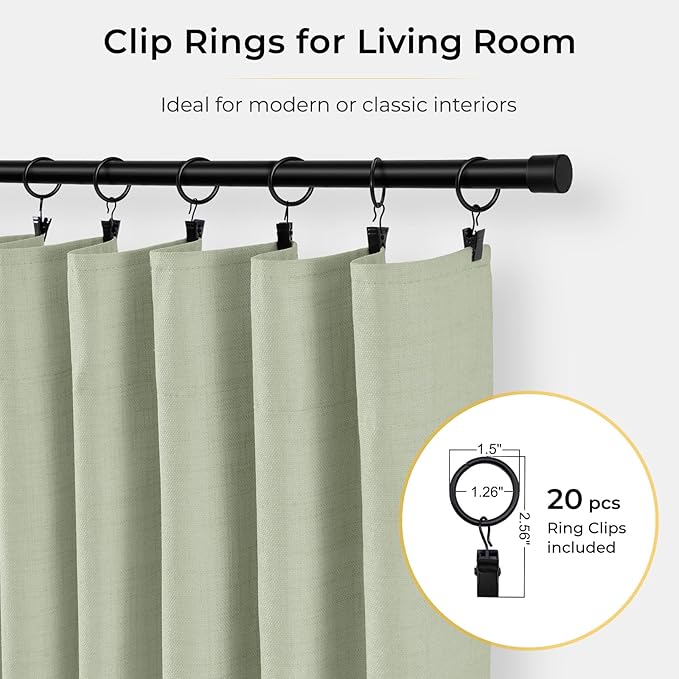 INOVADAY 100% Blackout Curtains for Bedroom, Black Out Curtains 90 Inch Long, Clip Rings Linen Blackout Drapes, Thermal Insulated Room Darkening for Living Room, 2 Panels - Sage,W50xL90