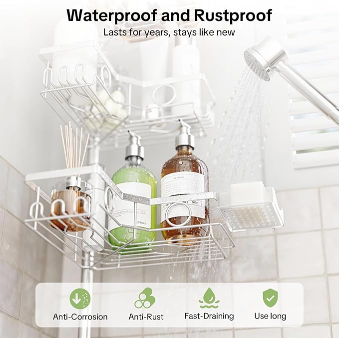 Corner Shower Caddy Tension Pole, 4 Tier Rustproof Shower Tension Rod Organizer with Soap Holder & Hooks, Adjustable 30-121 Inch Bathroom Shelf for Renters - Family Stand Storage Rack, Silver