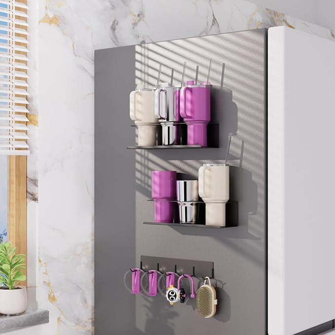 Magnetic Cup Holder for Stanley 40 & 30 oz Tumbler Organizer with 6 Slots and Hanging Hooks, Magnetic Fridge Water Bottle Organizer for Tumblers, Cups and Bottles – 3-Pack Black