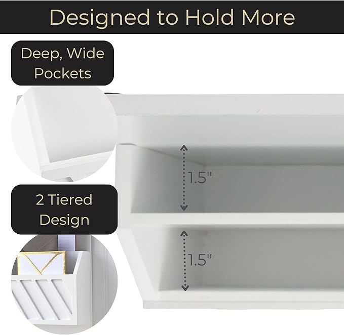 BLU MONACO | Wall Mount Key Holder with Mail Organizer | Wooden Command Center with 3 Hooks and 2-Tier Letter Pockets | Entryway Mail Sorter & Key Rack | White Geometric Wall Organizer for Office Home
