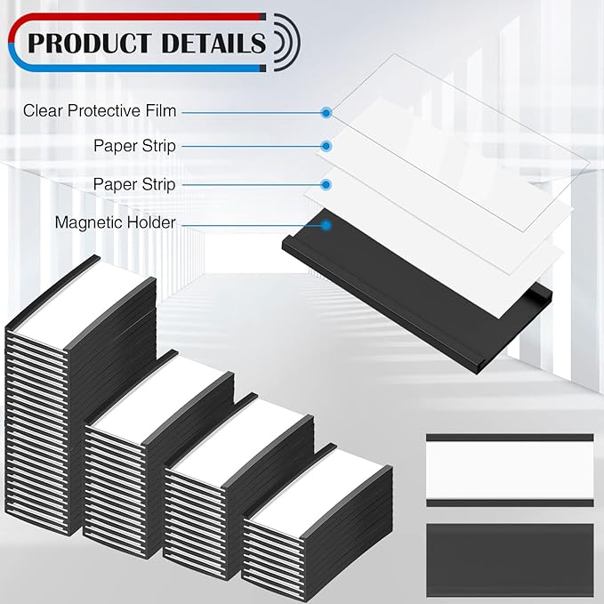 300 Pieces Magnetic Label Holders Channel Labels Racks Magnetic Card Holders with Protective Films and Replacement Strips for Metal Shelf, Filing Cabinet, Mailbox, Whiteboard (1 x 2 Inch)