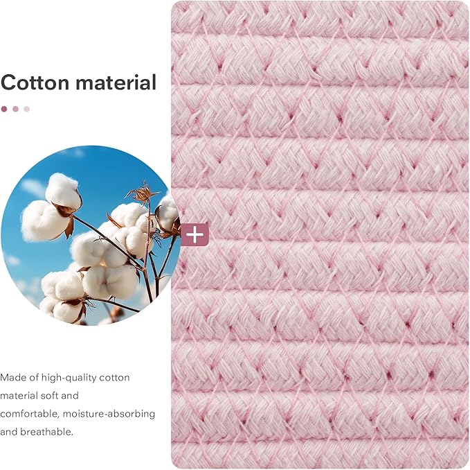 5 Piece Storage Baskets Small Woven Basket with Detachable Leather Handle, Cotton Rope Shelf Baskets for Closet Organizers, Different Sizes Basket Decor, Light Pink