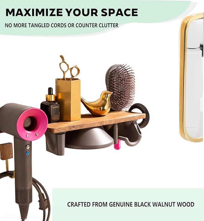 for Dyson Supersonic Hair Dryer Wall Mount Holder Stand- 5 Hole Magnetic Walnut Storage Rack for Blow Dryer & Attachments (nail-free model