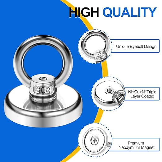 DIYMAG Magnetic Hooks, 60 Lbs(27 KG) Pulling Force Rare Earth Magnetics Hook with Countersunk Hole Eyebolt for Workplace, Home, Kitchen, Fishing, Office and Garage, Pack of 6, Silver, DIY-NJ25-6P
