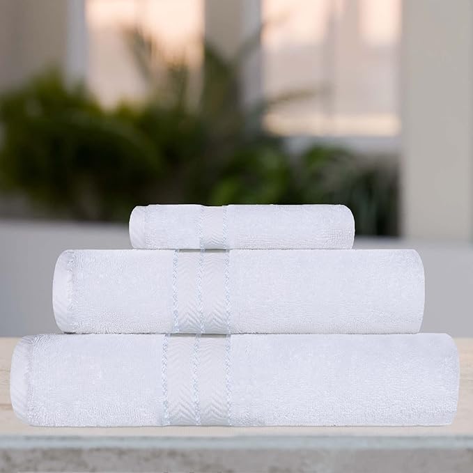 Superior Hotel Turkish Cotton 3 Piece Towel Set, Ultra Plush Spa Quality Heavyweight Essentials for Bathroom, Thick Absorbent and Soft, Dobby Border, Includes 1 Bath 1 Hand 1 Washcloth, White